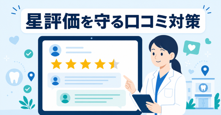 歯科医院の口コミ対策としてGoogleレビューの星評価と返信を管理する様子を表したフラットイラスト